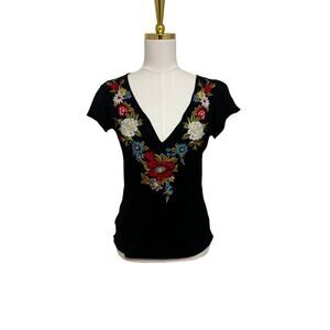 Johnny Was Embroidered Floral V-Neck Tee Black Short Sleeve Boho Top